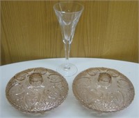2 Covered Carnival Glass Bowls & Crystal Glass
