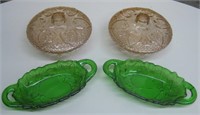 2 Covered Carnival Glass Bowls & 2 Green Dishes