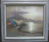 W. Vennekamp Framed Ship Oil Painting