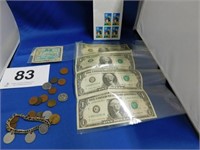 Four uncut $1 bills - 1 yen - Jim Thorpe stamp -