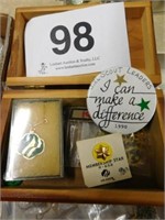 Wooden box w/ Girl Scout items - lots of goldtone