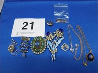 Blue costume jewelry - pins - pendants - earrings