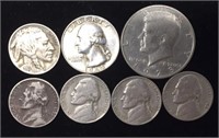1964 Silver Quarter, 1973D Half Dollar, 5 nickels