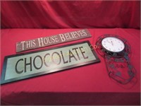 Wooden Decor Signs & Wall Clock, 3pc Lot