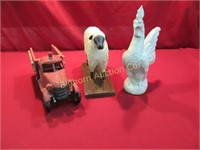 Wooden Decor Fire Engine, Rooster, 3pc Lot
