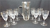 Incised Glass Pitcher And 8 Stems