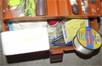 Group of fishing: 3 poles, 2 reels, tackle box w/