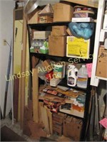 Metal shelf w/ contents: 36x16x70, wood, fire ext,