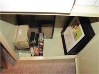Metal 1 door cabinet w/ 3 shelves & contents: