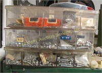 Metal shelf w/ contents: 36x12x62, sorter boxes of
