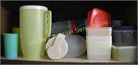 3 shelves w/ Plasticware, kitchen thermometers,