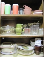 3 shelves w/ plates (plastic & glass) cups,