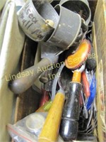 4 boxes misc tools, oil cans, hammer, sand paper,