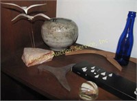 10pcs: seagulls, pottery, 2 wood pcs, blue bottle,