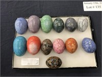 12 POLISHED STONE EGGS AND ONE HAND PAINTED