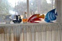 5 PIECES, 2- FISH, 2 SMALL CERAMIC VASES &