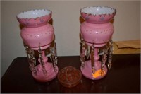 2 PINK VINTAGE MANTLE LUSTERS WITH PRISMS