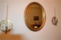 OVAL MIRROR & 2 BRASS CANDLE SCONCES