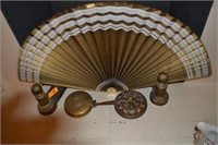 2 ANDRIONS, ORIENTAL FAN & 2 BRASS POTS,