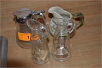 4 PIECES, 2 GLASS CRUETS, 1 SYRUP JAR &