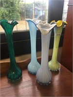 4 LONG STEMMED ART GLASS VASES