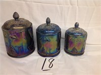 3 CARNIVAL GLASS CANISTERS