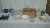 Large group of glassware with Pyrex bread pan