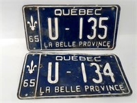 2 Plaques d'immatriculation Québec 1965