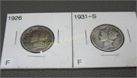 Silver Mercury Dimes: 1926 & 1931-S