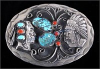 Navajo Turquoise & Coral Indian Head Belt Buckle