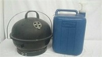 Portable charcoal BBQ and Coleman water jug