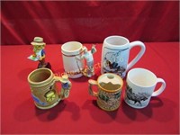 Fishing Steins, Mustache Cup, 5pc Lot
