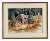 Robert Morgan Montana Cabin in Woods Watercolor