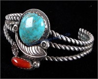 Navajo Turquoise & Coral Silver Bracelet