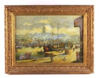 Antique Oil on Canvas Seaport Painting