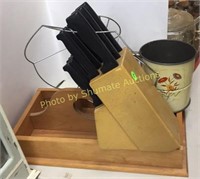 LOT OF KNIVES, SIFTER AND WOODEN TRAY