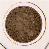 Coin 1867 United States 3 Cent Piece VF Details