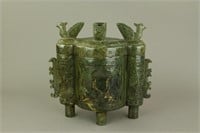Chinese Archaistic Green Hardstone Censer w/ Cover