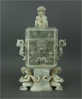 Chinese White Jade Carved Archaic Vase with Cover