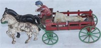EARLY CAST IRON 2 HORSE DRAWN WAGON WITH