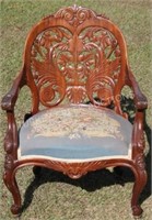 19TH C. MAHOGANY ARMCHAIR WITH ORNATELY CARVED