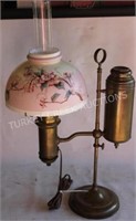 19TH C. BRASS STUDENT LAMP WITH PAINTED SHADE,