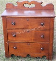 19TH C. WALNUT 3 DRAWER CHEST WITH HEART CUT OUT,