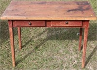 19TH C. TWO DRAWER WORK TABLE WITH TABLE LEG, RED