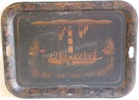 19TH C. TOLEWARE TRAY WITH PADDLE WHEEL STEAM