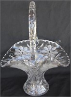 CUT GLASS HANDLED BASKET, FLORAL DESIGNS, 13 1/2"