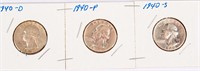 Coin 3 Early Date Washington Quarters 1940-P,D,S