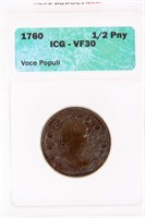 Coin 1760 Ireland Voce Populi 1/2 Cent Certified
