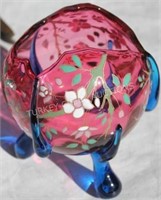 ART GLASS FOOTED ROSE BOWL, ENAMELED CRANBERRY &