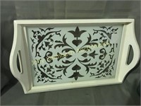 Pretty white scroll cutout look serving tray